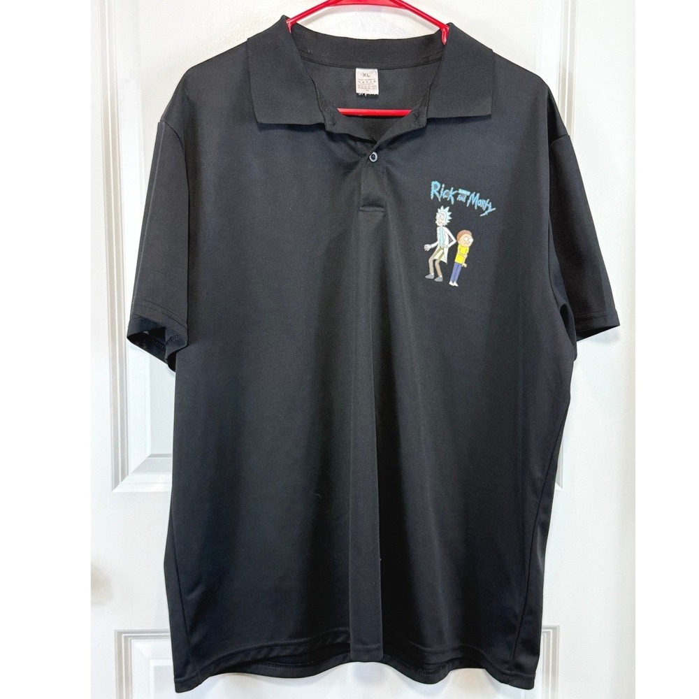 Rick and Morty Men's Graphic Polo XL Black Short Sleeve Cartoon Adult Swim Retro